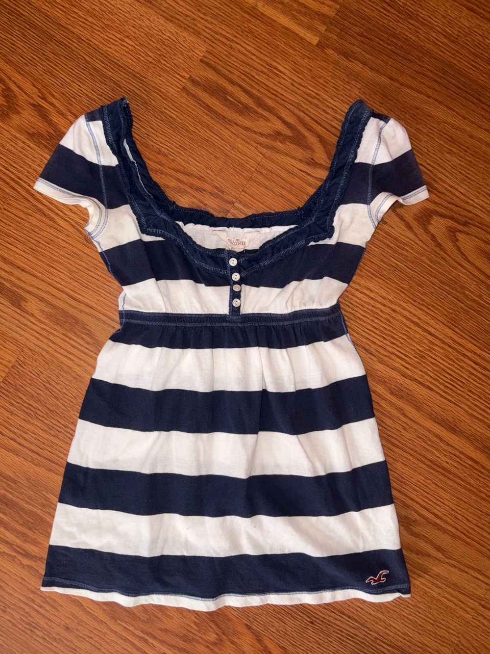 Hollister Y2K Vintage Navy & White Striped Short-Sleeve Cotton Babydoll Top